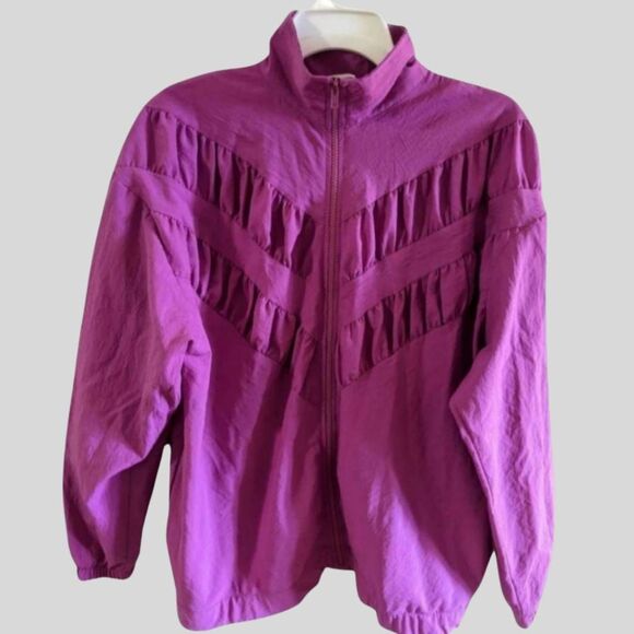 Vintage Teddi Sport Windbreaker Women's Medium Purple 80s 90s Zip Jacket Ruffle - Picture 1 of 9